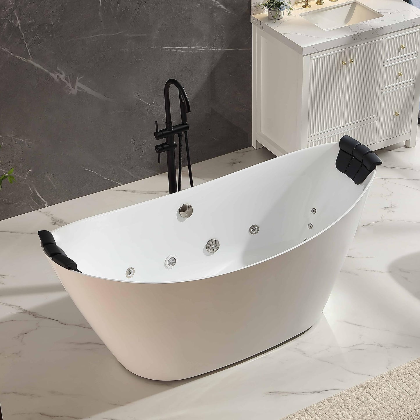 Empava Upgrade Acrylic Whirlpool Bathtub, 67-Inch Freestanding Boat Shaped Jetted Bathtub with Healing Chromotherapy, 18 Hydromassage Jet, Double-Ended Massage Bathtub with Two Black Pillows