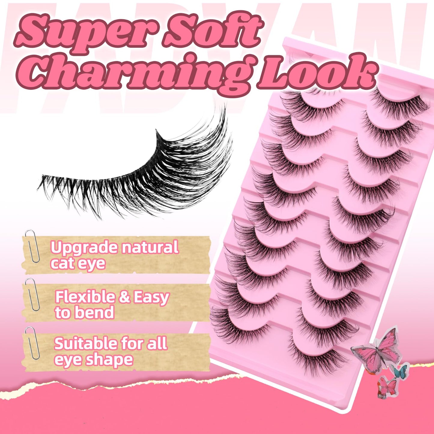 Natural Cat Eye Lashes Wispy False Eyelashes Thin Cotton Band Soft Mink Lashes Natural Eye Lashes Kit with Clear Glue Pack 10 Pa