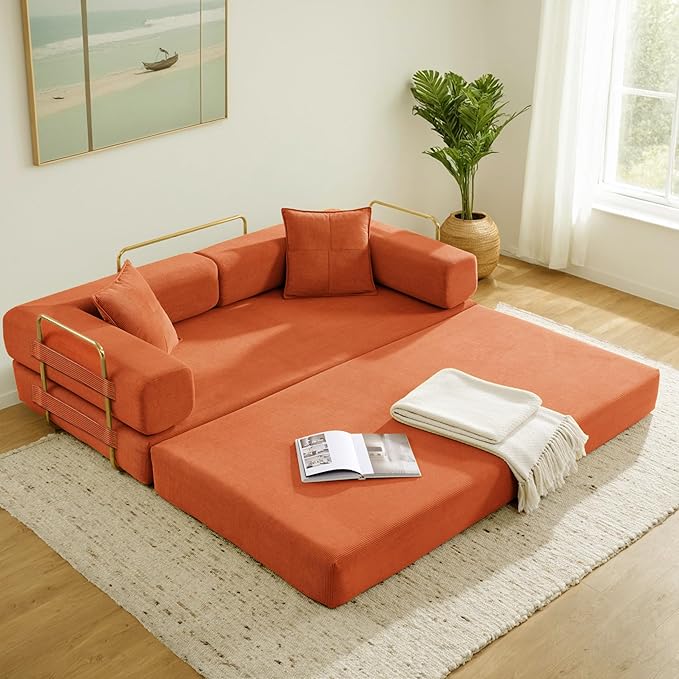 Convertible Couch Sofa Bed Foldable Floor Sleeper | Modern Fold Out Deep Seat Couch | Removable Backrest & Armrests | No Assembly Compression Sofa Sleeper for Living Room, Bedroom | Orange Corduroy