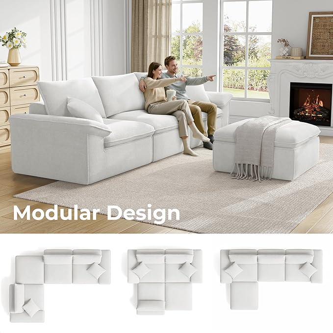 LIKIMIO 120" L-Shaped Modular Sectional Sofa, Cloud Sectional Couch with Deep Seat, Comfy Teddy Upholstery, Oversized 3-Seater with Ottoman, Boneless Couch for Living Room, No Assembly, White