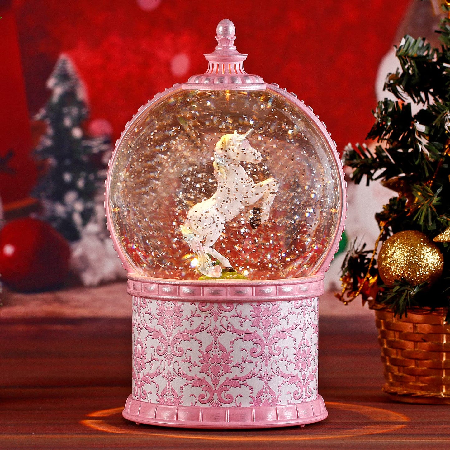 Unicorn Musical Snow Globe, 7.1 Inch Lighted Christmas Snow Globes with Swirling Glitter, Battery Operated & USB Powered Music Box Valentines Day Gifts for Girls, Women