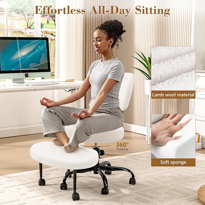 Ergonomic Cross Legged Office Chair with Wheels - Adjustable Height for Meditation, ADHD Desk & Yoga - Wide Criss Cross Design with Lumbar Support, Kneeling Chair - Off White