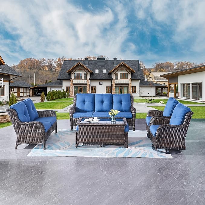 Rilyson Wicker Patio Furniture Set - 7 Piece Rattan Outdoor Sectional Conversation Sets with 2 Rocking Swivel Chairs,2 Ottomans,1 Sofa,1 Loveseat and 1 Coffee Table for Porch Deck(Brown/Blue)
