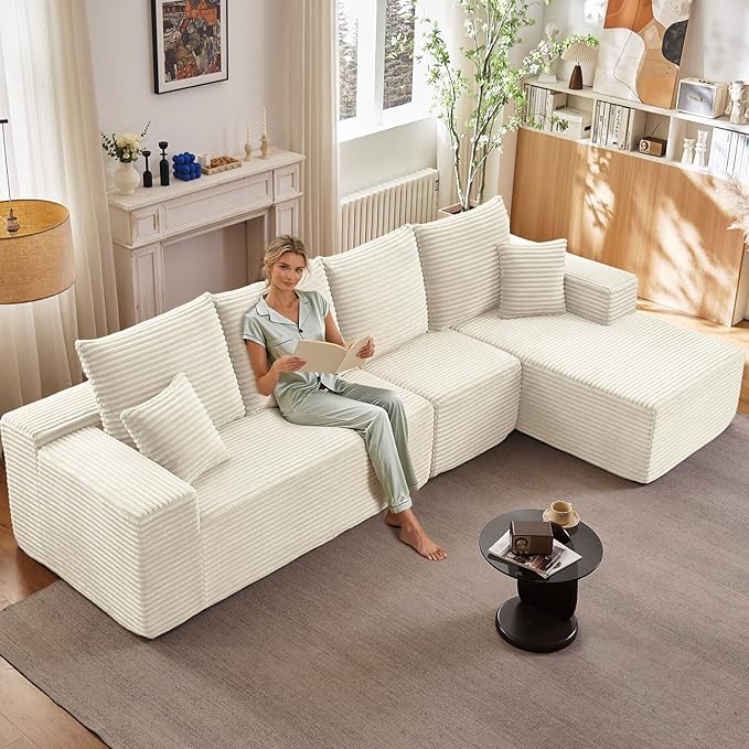 135.4" Cloud Sectional Couch with L-Shape Chaise, Modern Corduroy Boneless Couch for Living Room,Memory Foam Sofa with Deep Seat,No Assembly Required (White,Right-Facing Chaise)