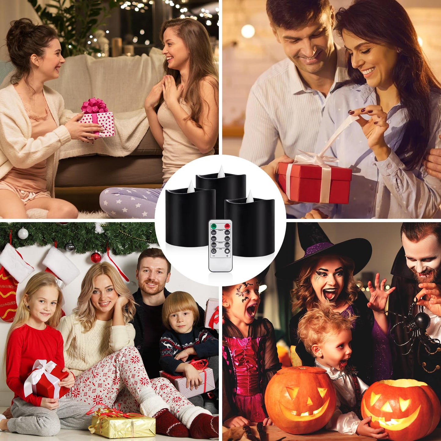 Woocodowe 3inch Black Pillar Flameless Candles - 3D Flickering, Remote Timer, Battery Operated, 600+ Hours, Halloween & Gothic Themed Decor (Black, 3"*3"-3pcs)