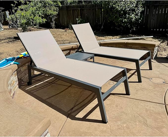 PURPLE LEAF Outdoor Chaise Lounge Set for 2 Oversized Pool Lounge Chairs with Easy-to-Move Wheels and Adjustable Backrest Extra Large Patio Loungers for Poolside Deck Beach Table Included, Sand Beige