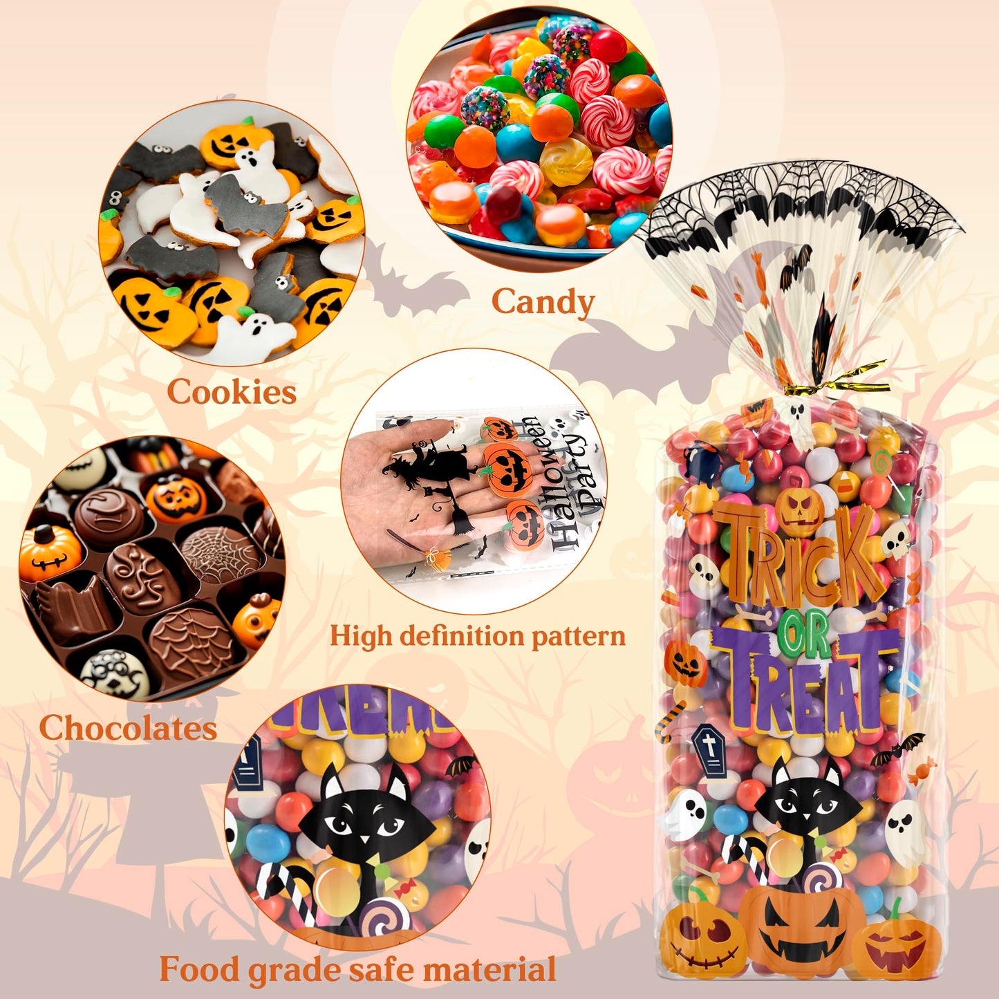 Halloween Party Favors - 120 PCS Halloween Cellophane Treat Bags - Goodie Bags for Kids | Candy Snack Cookie Trick or Treat Gift Basket Party Decorations Crafts Supplies Indoor Outdoor,5.1x10.6 Inch