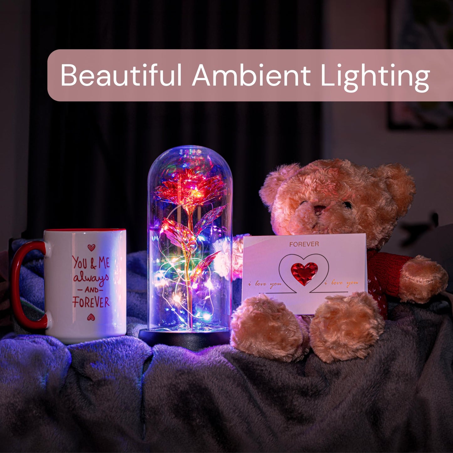 Ultimate Love Box 4 Piece Gift Set - 15oz Ceramic Mug, Soft Teddy Bear, Led Red Rose, Love Card - Romance Girlfriend Boyfriend Wife Husband Mom Dad Anniversary Birthday Valentines Christmas Gift
