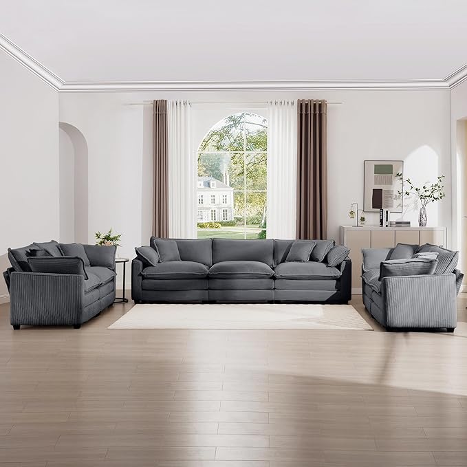 mikibama Luxury 3 Piece Sofa Set, 3-Seater & 2 Loveseat Couch Set, Modern Corduroy Comfy Cloud Couches Set for Living Room Office with 6 Armrest Pillows and 7 Toss Pillows, Grey