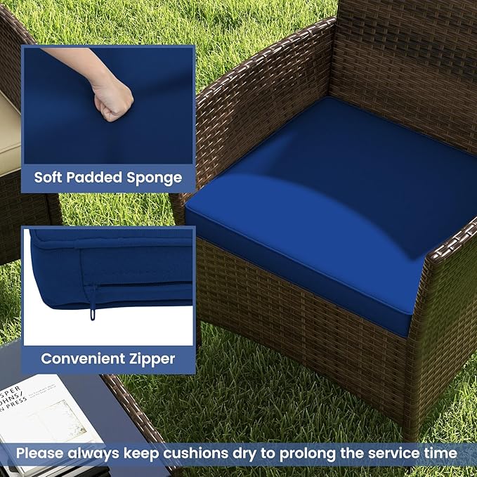 RELAX4LIFE 4-Piece Patio Furniture Set - Rattan Outdoor Conversation Bistro Set w/Cushions, Glass Coffee Table, Wicker Chairs & Loveseat for Garden Backyard Porch, Balcony Furniture Set (1, Navy)
