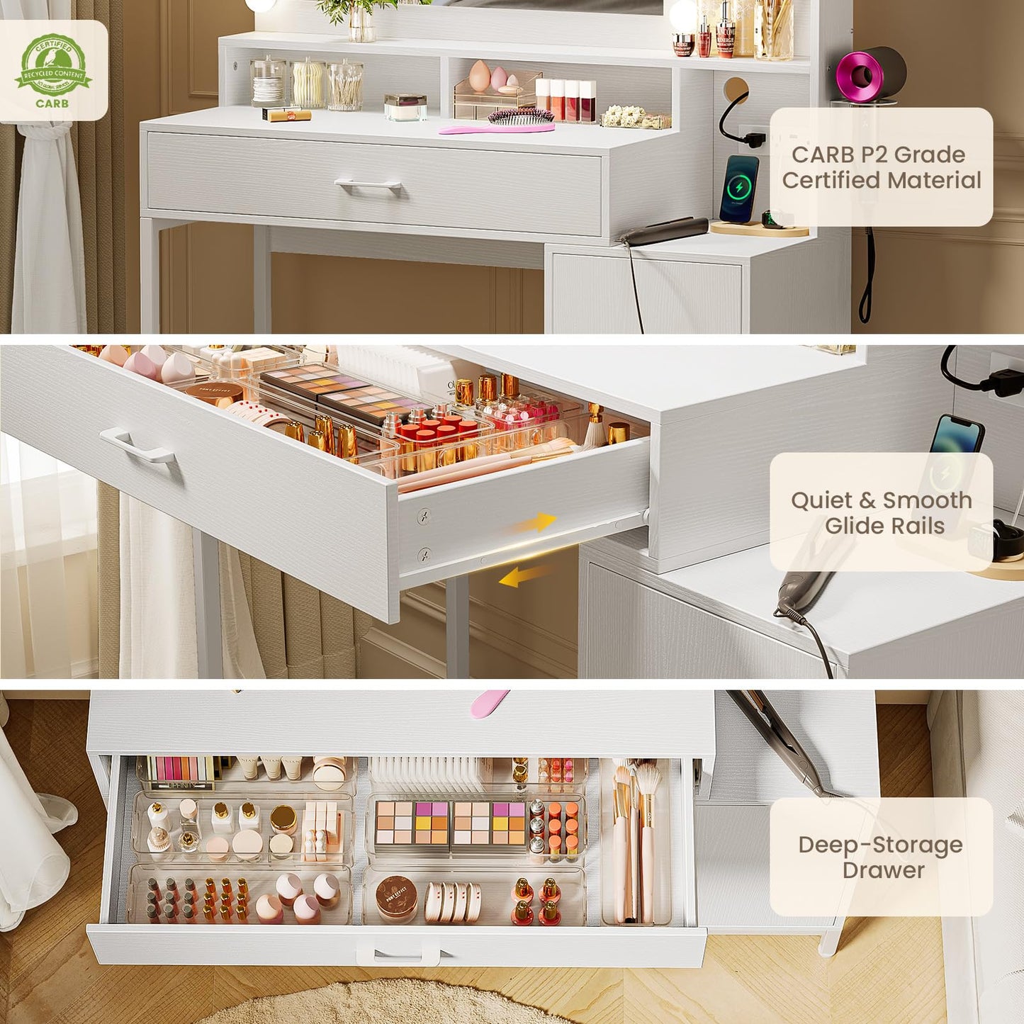 Driftalia Vanity Desk with Mirror and Lights, Makeup Vanity with Storage Drawer, Power Outlet and Large Cabinet for Bedroom - White
