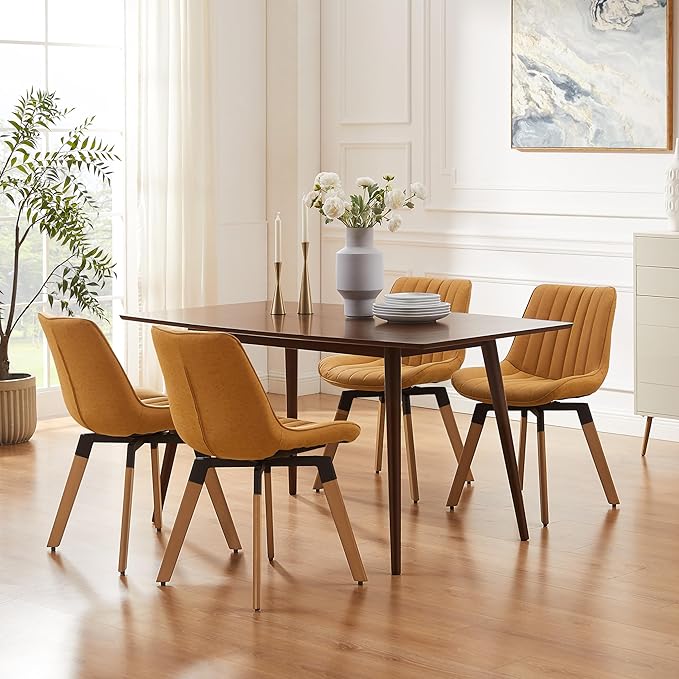 Art Leon Dining Chairs Set of 4, Mid Century Modern Swivel Kitchen Dining Room Chairs, Upholstered Faux Leather Armless Side Chairs with Wood Legs for Living Room Bedroom, Yellow Brown