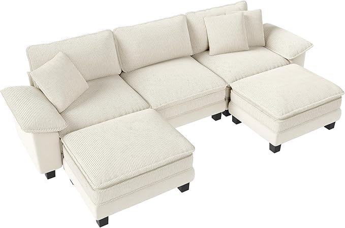 MIXPATIO 123-Inch U Shaped Sectional Sofa with Cloud Cushions, Deep Seat Modular Couch Set w/ 5 Seats & 2 Ottomans, Plush Chenille & Corduroy Upholstery for Living Room, Apartment - Beige