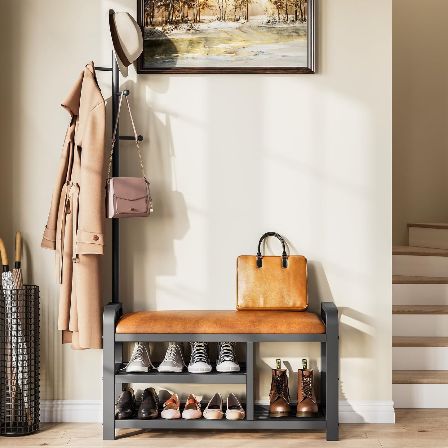 IRONCK 35" Hall Tree, Shoe and Coat Rack with Bench, 3-in-1, 2 Tier Shelves, 5 Hooks, Coat Rack with Shoe Storage for Entryway, Hallway, Rustic Brown