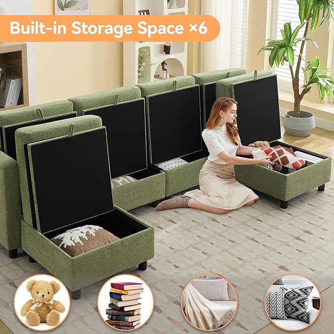 WUTUTUEE 107”Modular Sectional Sofa Convertible U Shaped Sofa Couch Set with Storage for Living Room, Modern 6 Seater Modular Sectional Couch with Movable Ottoman, Chenille(Green)