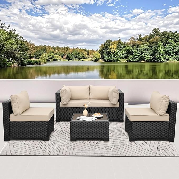 WAROOM Outdoor Patio PE Wicker 5 Piece Furniture Set, Black Rattan Sectional Conversation Sofa Chair with Coffee Table,Khaki Cushion