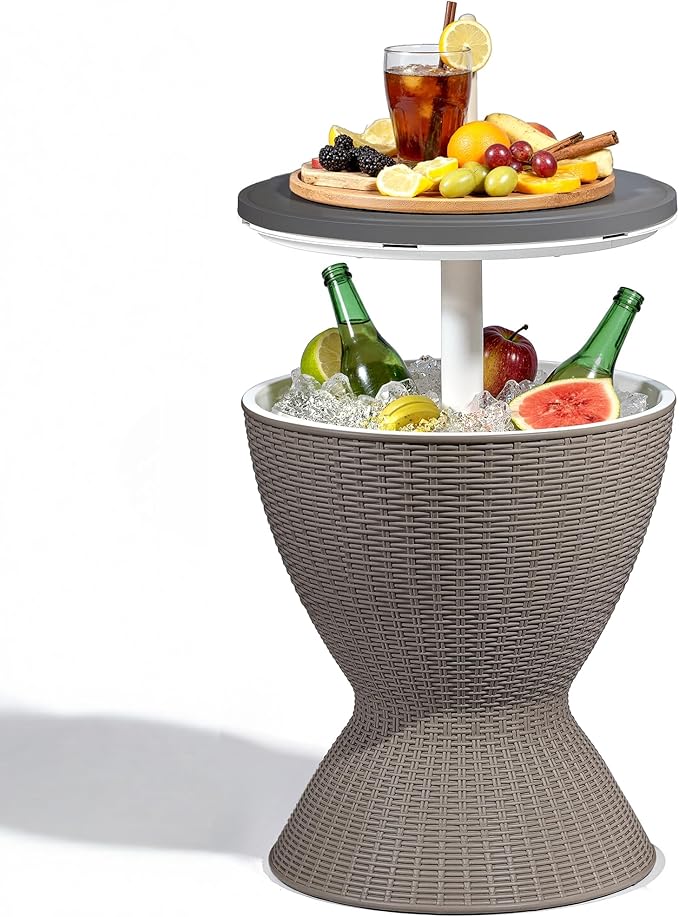 ROJIK 3-in-1 Resin Ice Bucket & Beverage Cooler – Wood Look Patio Table, UV Protection & Drain Plug for Outdoor Parties, B...