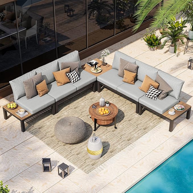 Oasbira Aluminum Modular Outdoor Patio Furniture Set, 6 Seats Sectional Sofa Set with Adjustable Backrest & Thick Cushions, All-Weather L-Shaped Corner Set with Table for Garden & Yard, Gray