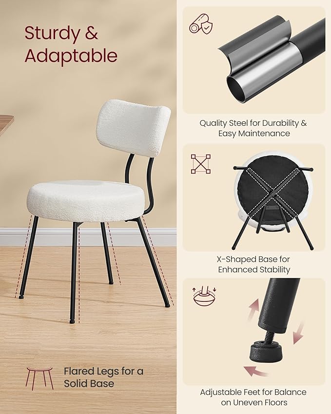 VASAGLE Boucle Dining Chairs Set of 4, Upholstered Kitchen Dining Room Chairs with Curved Backrest and Steel Frame, Modern Mid Century, Round, for Vanity, Living Room, Cream White UKDC110W14