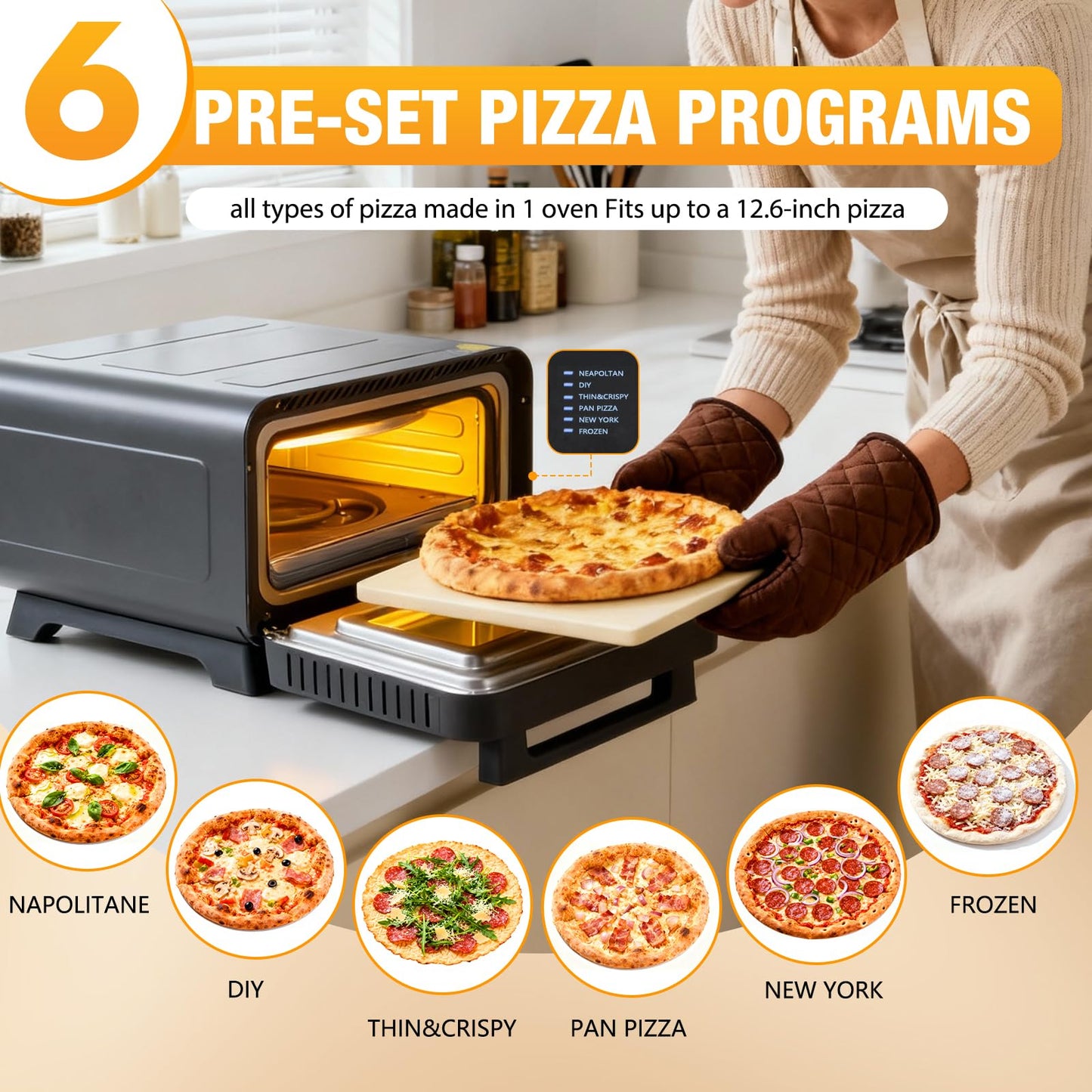Sweetcrispy 1600W Electric Pizza Oven with Digital Display, 6 Preset Functions, 750°F High Heat, Pizza Stone & Pizza Peel Included, Countertop Air Fryer Oven for Homemade Pizza