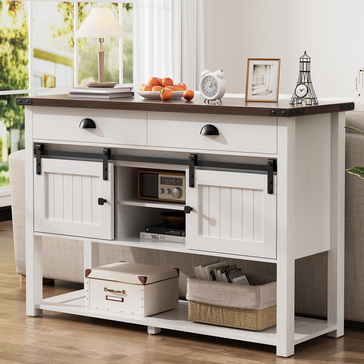 AntsandAnts Farmhouse Console Table with Sliding Barn Doors & 2 Drawers,Rustic Entryway Table for Living Room, Hallway, Foyer,Sofa Table with Adjustable Shelf & Open Storage, Industrial Design