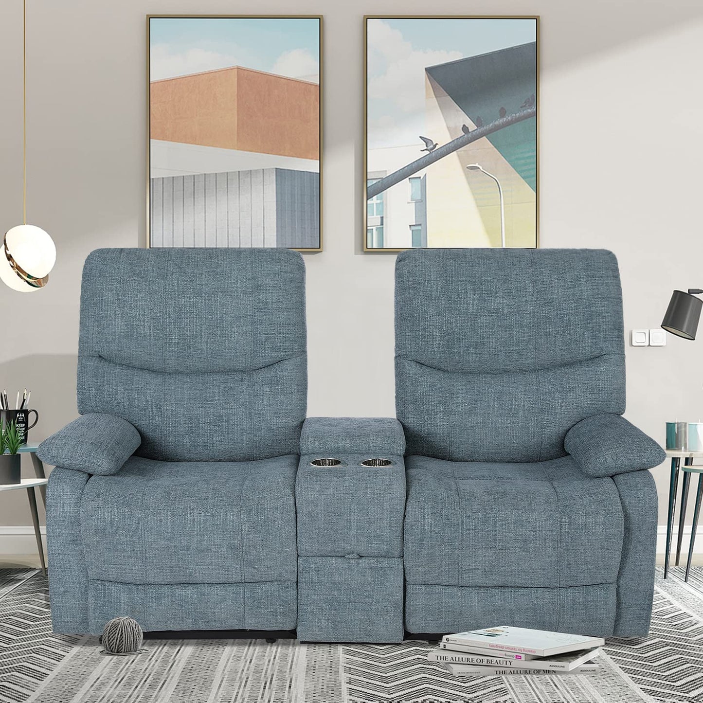 B BAIJIAWEI Double Reclining Loveseat - Fabric Home Theater Seating with Console - 2 Seater Manual Reclining Couch for Living Room, Office (Fabric- Blue)