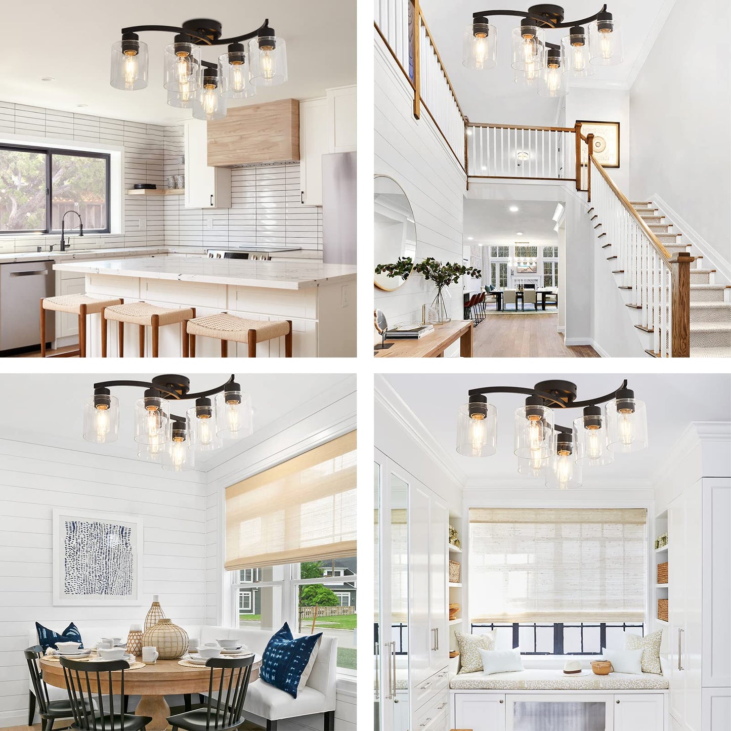 Eatich 6-Light Ceiling Light, Semi Flush Mount Ceiling Light Fixture, Kitchen Lighting Fixtures Ceiling, Farmhouse Black with Clear Glass Shade for for Dining Room Bedroom Living Room