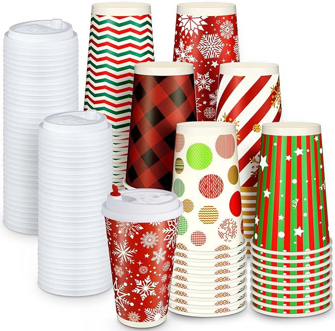 WILLBOND 60 Pcs Hot Chocolate Coffee Cups Christmas Party Favor Gift Disposable Coffee Cups 16 oz Holiday Hot Cocoa Bar Ki...