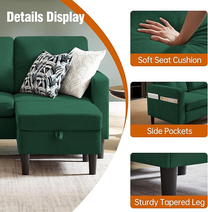 Pingliang Home 80" Convertible Sectional Sofa Couch with Movable Ottoman, 3 Seats Sectional Sofas L Shaped Couch for Small Spaces, Soft Fabric Couch for Living Room (Green)