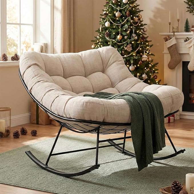Bme Patio Rocking Chair Outdoor & Indoor, Metal Patio Lounge Rocking Chair with Thick Cushion, Comfy Modern Rocker Chair for Living Room, Porch, Backyard, Beige Cushion - Black Matte Rocker