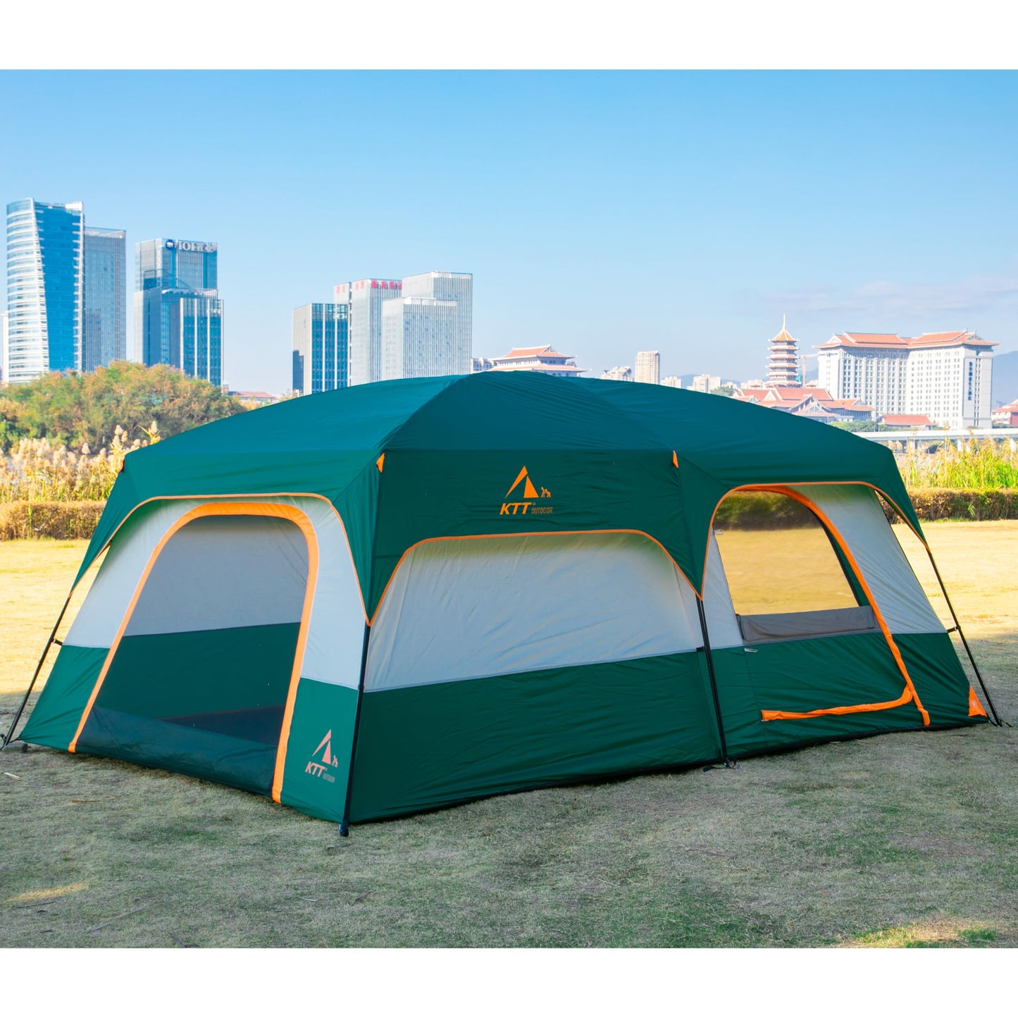 KTT Extra Large Tent 14 Person,Family Cabin Tents,2 Rooms,3 Doors and 3 Windows with Mesh,Straight Wall,Waterproof,Double Layer,Big Tent for Outdoor,Picnic,Camping,Family Gathering(Green)