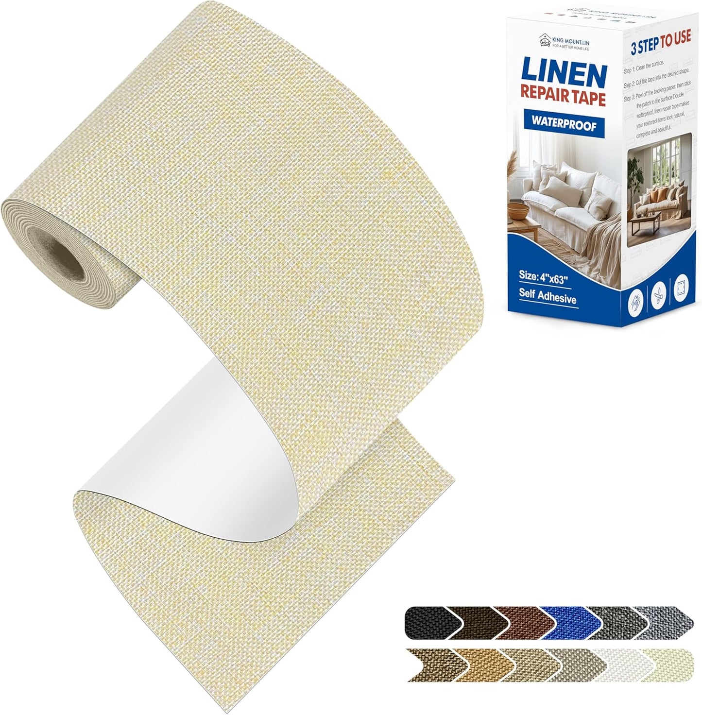 KING MOUNTAIN Linen Repair Patches, Self-Adhesive Linen Fabric Patches, 4 X 63 inch Extra Size, Multi Color, Can be Used for Linen Sofa Repair and Linen Clothes Repair (Beige 1.0)