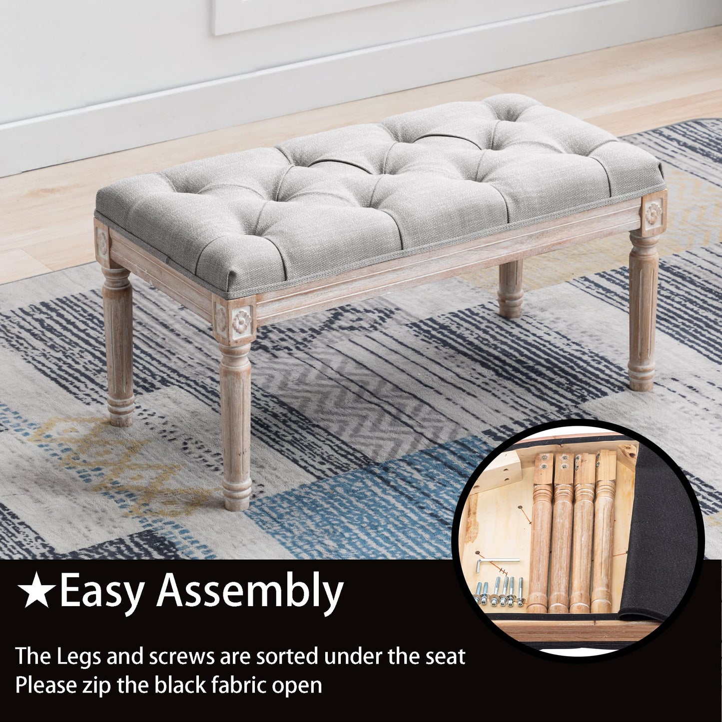 DM Furniture Ottoman Bench Upholstered Fabric Rectangle Entryway Bench, Tufted Piano Bench for 2 People, Rubber Wood Legs with Beautiful Carved Pattern for Bedroom/Living Room/Dining Room (Grey)