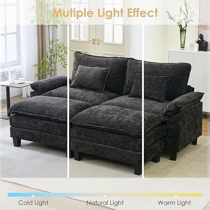 URRED Cloud Couch Modular Sectional Sofa, 87" Modern Loveseat Sofa with 2 Ottomans & Pillows, Ultra Comfy Chenille Couches for Living Room, Bedroom or Apartment, Black
