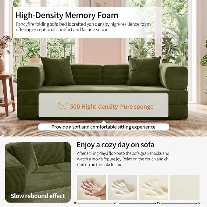 Fancyfire 78.8" Convertible Sofa Bed with Armrest Pillow,4-in-1 Sleeper Couch Bed for Livingroom,Modular Corduroy Boneless couches,No Assembly (Green)