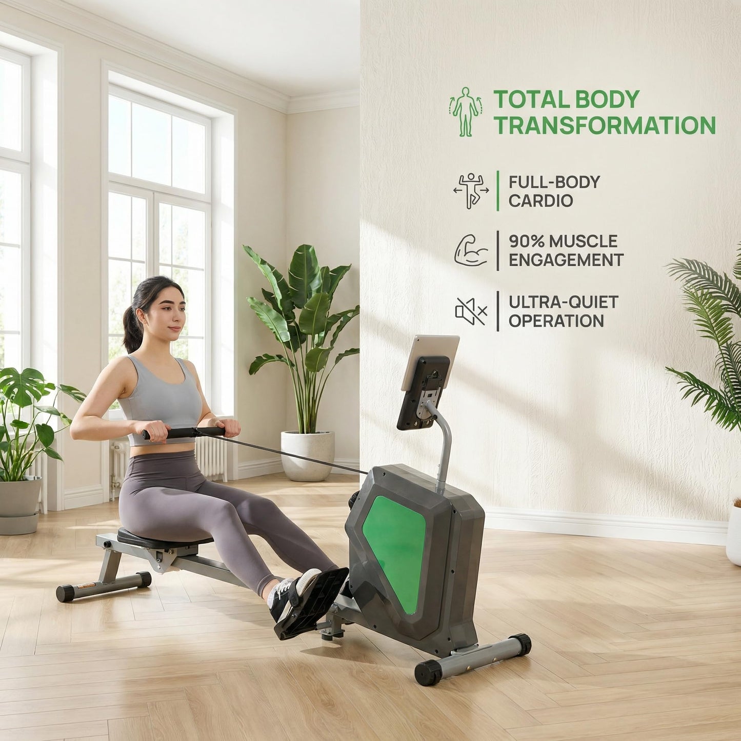 CUDOEEAI Magnetic Rowing Machine, Quiet Foldable Rower with 8-Level Resistance, LCD Monitor & Tablet Holder, Full-Body Low-Impact Cardio Equipment, Optional 2-in-1 Strength Training (Gray SRM2000)