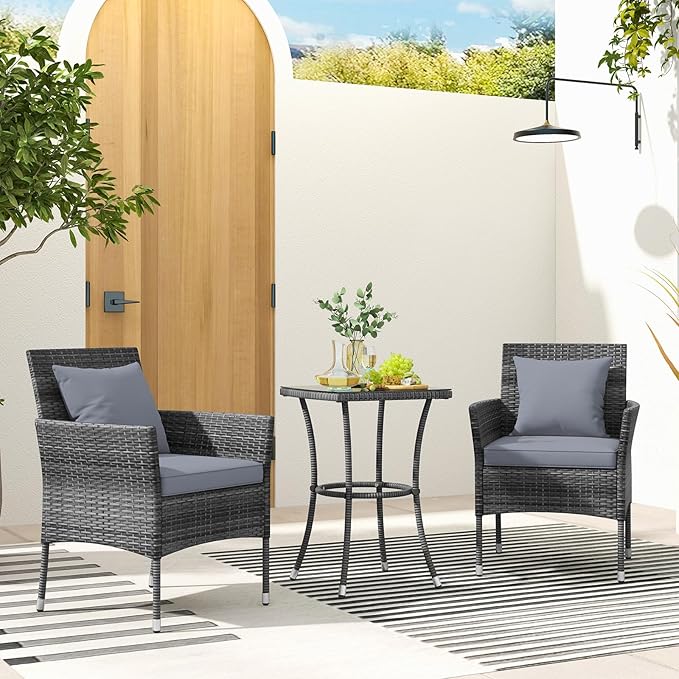 KOTEK 3 Pieces Patio Furniture Set, PE Rattan Outdoor Conversation Set with Tempered Glass Table & Soft Cushions, Wicker Bistro Set for Garden, Porch, Balcony (Grey)