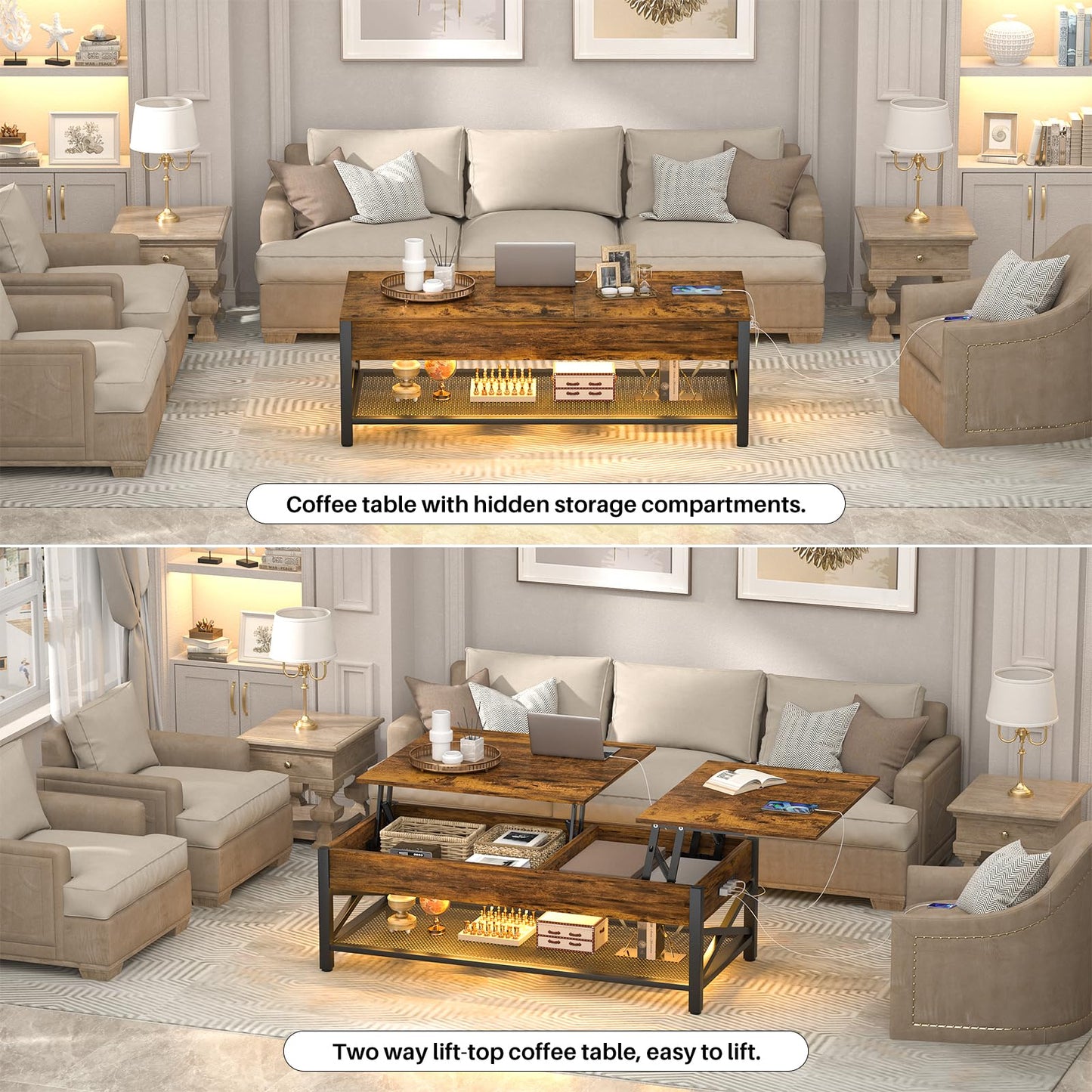 Aheaplus Coffee Table with LED Light and Power Outlet, Modern Lift-Top Center Table with Storage Shelf, for Living Room with Lift Tabletop, X Support Metal Frame, Rustic Brown