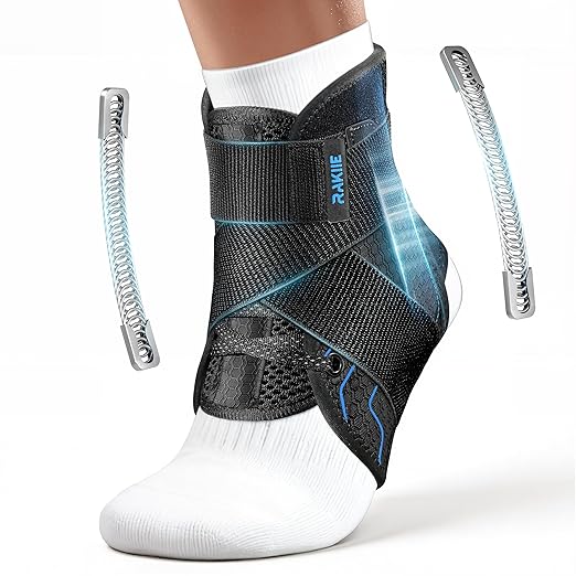 Rakiie Quick Lace Up Ankle Brace with 2 Metal Support Stays, Breathable Stabilizer for Sprained Ankle, Slim Fit Ankle Support for Men & Women, Sports, Running, Basketball (Black, XL)