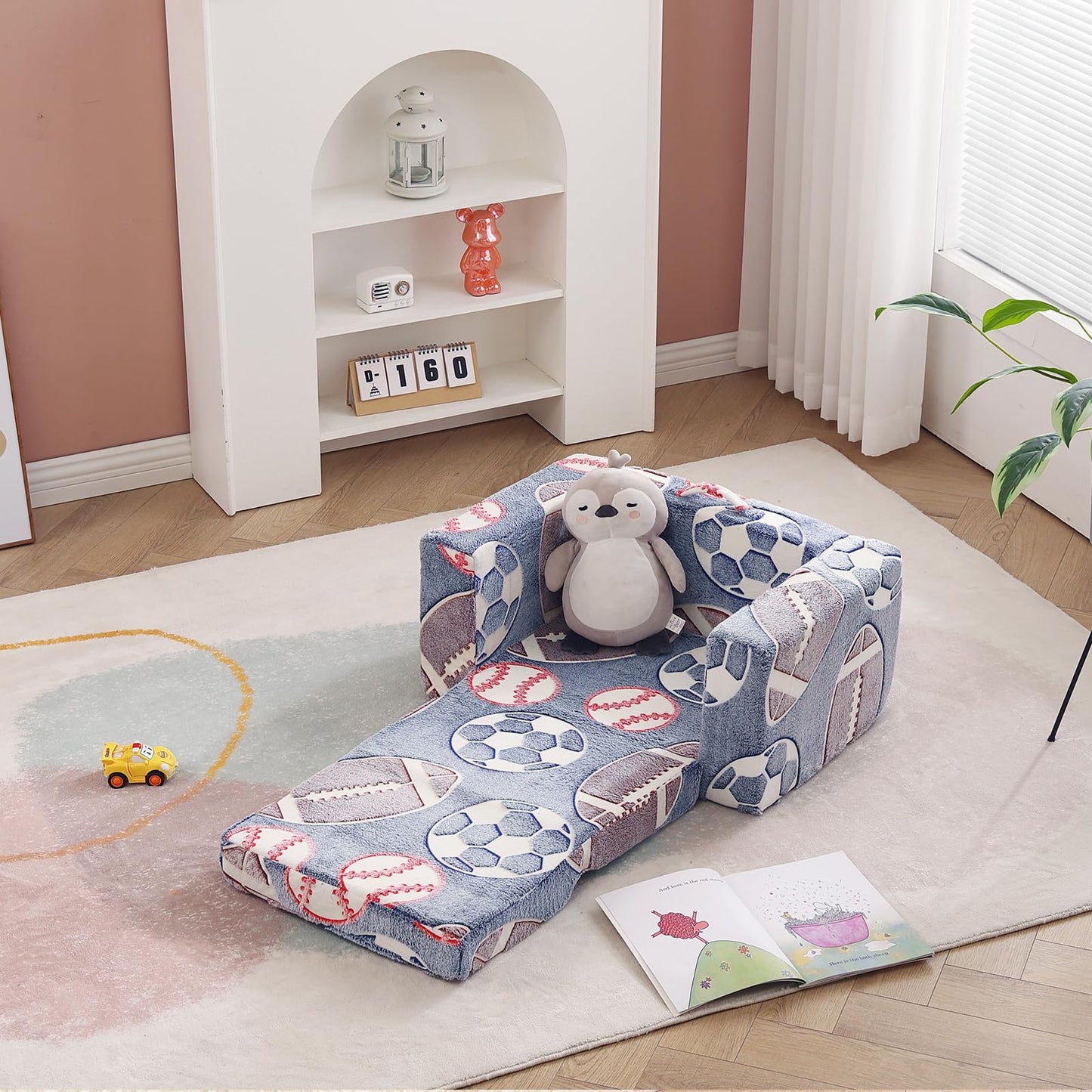 Givjoy Toddler Chair Kids Couch, 2-in-1 Toddler Soft Sherpa Couch Fold Out Armchair Glow in The Dark with Removable Cover, Convertible Reading Chair Toddler Sofa for Kids, Football