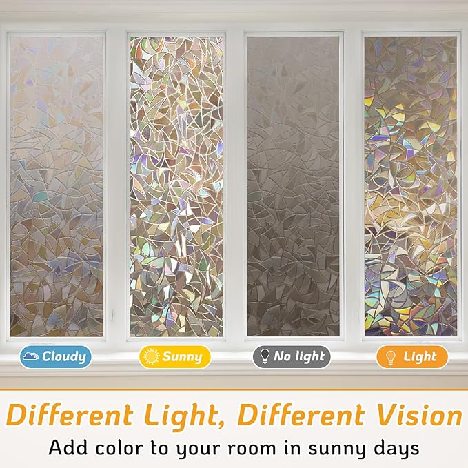 LUTE Window Privacy Film, Rainbow Window Flim, 3D Decorative Stained Glass Cling, Non-Adhesive Vinyl Static Cling Removable Glass Sticker, Sun UV Blocking Covering for Home, Brown, 17.5 x 118.1 inches