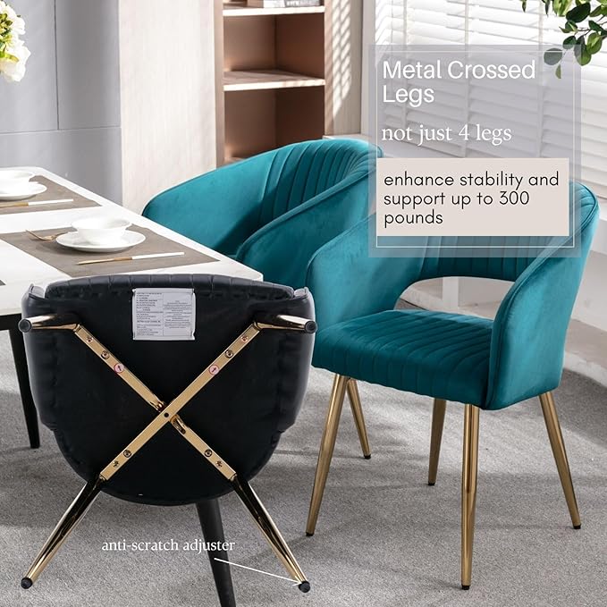 COMULER Teal Velvet Dining Chairs Gold Legs, Modern Dining Room Chairs with Arms Set of 2 Upholstered Accent Chair Armchair with Barrel Back for Kitchen Living Room