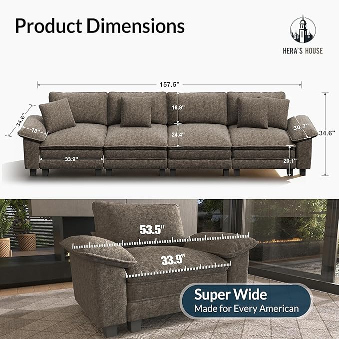 HERA'S HOUSE 158" Modular Sectional Sofa, Oversized Couches for Living Room, Comfy Cloud Couch 4-Seater Deep Seat Sofa with Throw Pillow, Chenille Ash
