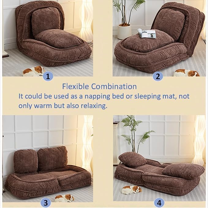 KEIKI Foldable Tatami Lazy Sofa Couch Bed with 5 Adjustable Position, Minimalist Space Saving Design Human Dog Bed with Cushion Back, Easy Assembly, for Apartment, Living Room, Bedroom, Brown