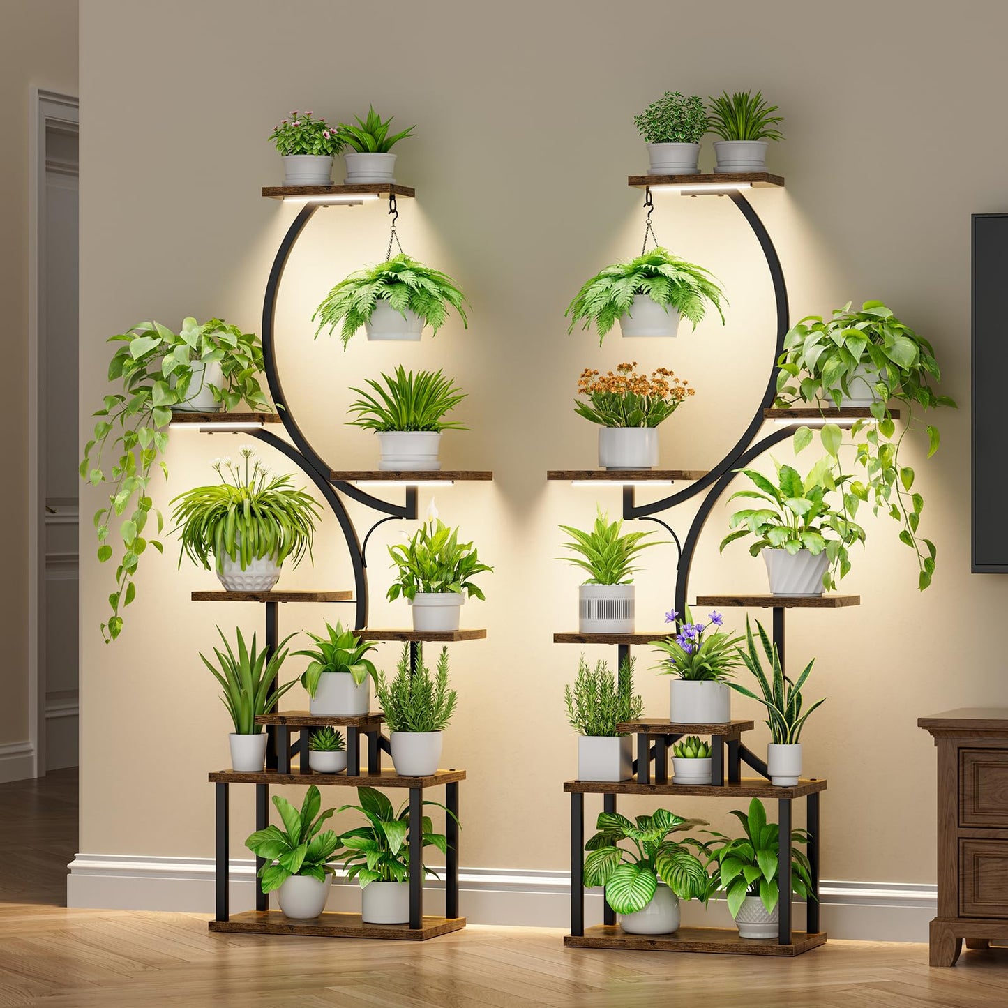 BACEKOLL Plant Stand Indoor with Grow Light - 2 Pack Tall Indoor Plant Shelf, 62" Corner Plant Holder, 8 Tiered Large S-Shape Flower Multiple Display Shelves for Home, Office