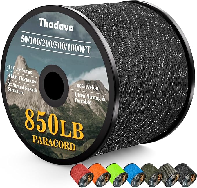 Thadavo Reflective Paracord Rope 850Ib, 50/100/200/500/1000ft 4MM 11 Strand para Cords Lanyard Utility Parachute Cord for ...