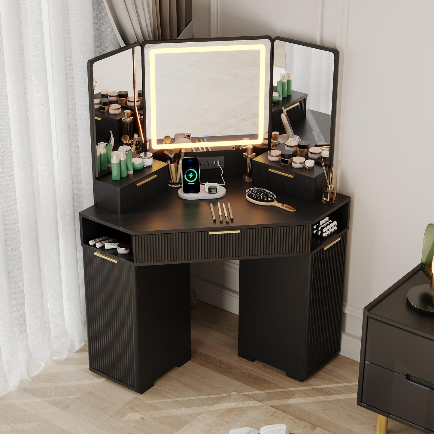Garvee Black Corner Vanity, Corner Vanity Desk with Mirror and Lights, Fluted Makeup Table with Charging Station, Drawers, Storage Cabinets