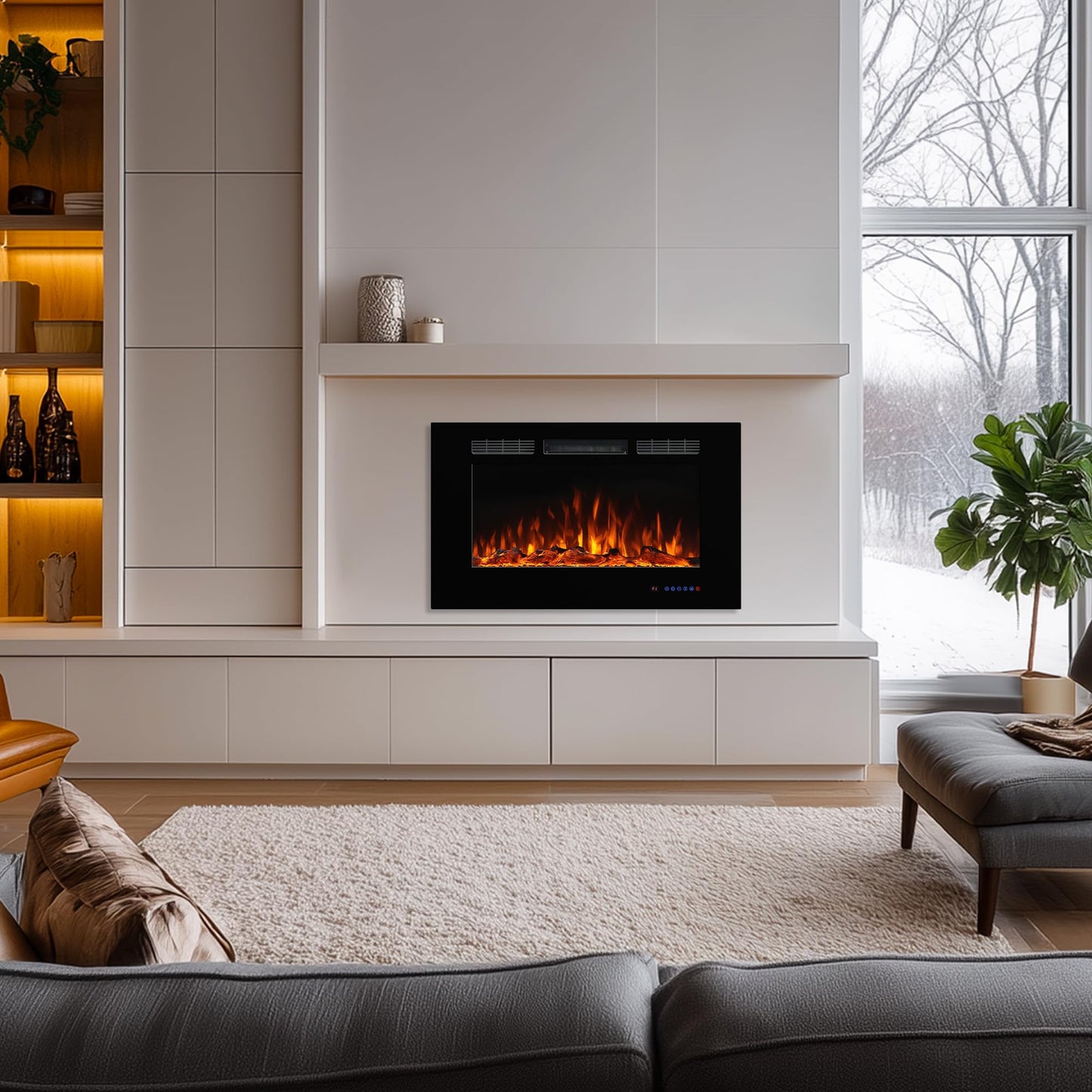 Dreamflame Electric Fireplace 36inches, Wall-Mounted & Recessed Fireplace Inserts, Multicolor Flame w/5 Dimmer, Remote Control Thermostat, Timer, Overheating Protection, Hardwire Connect, 1500W,Black