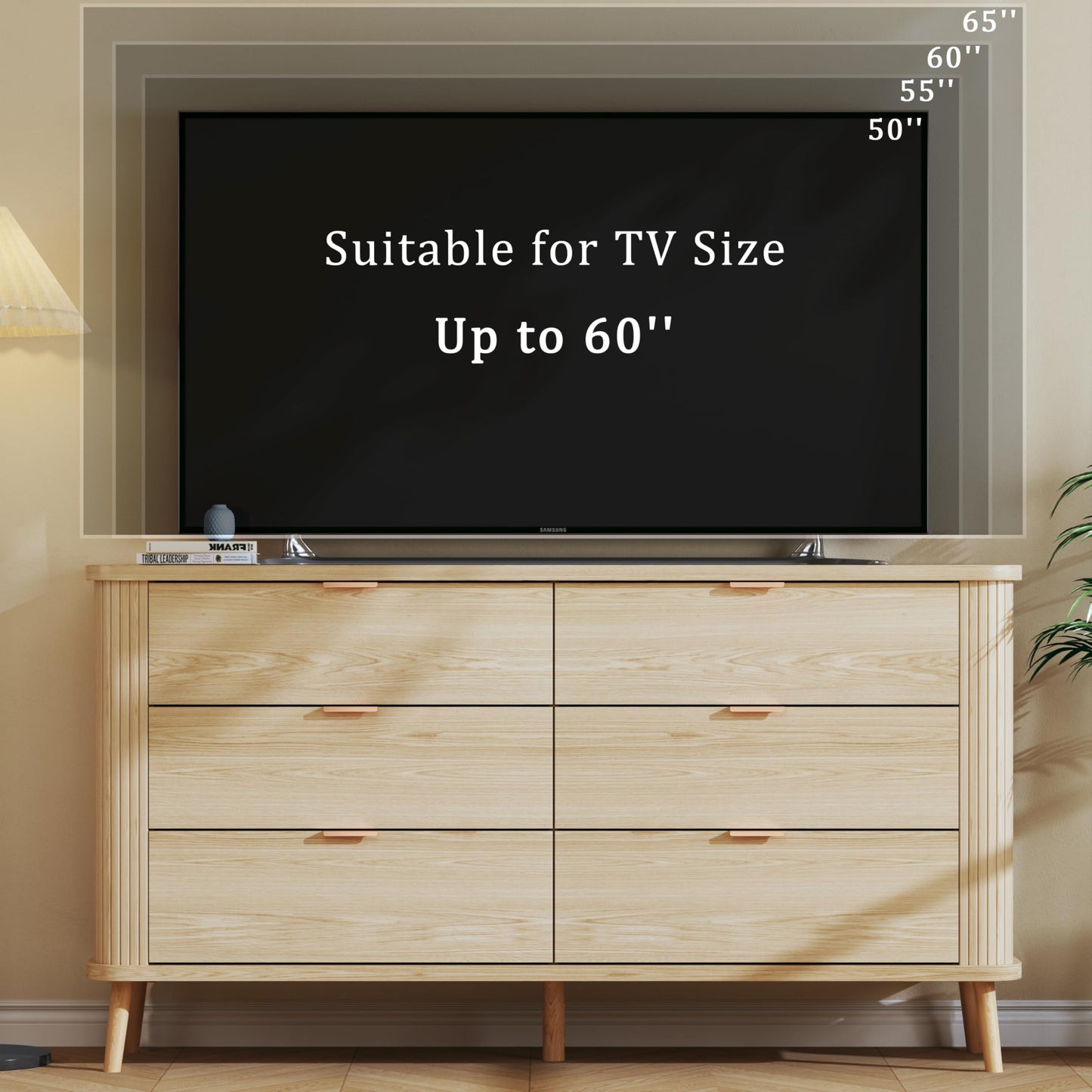 HUAHUU Fluted 6 Drawers Dresser for Bedroom, 55" Mid Century Modern Dresser & Chests of Drawers, Curved Profile Design, Dressers TV Stand, Wood Storage for Hallway, Entryway, Oak