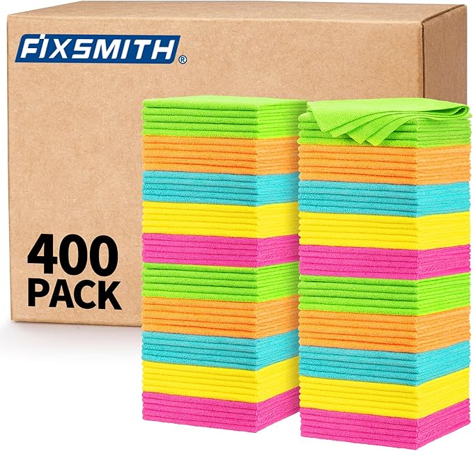 FIXSMITH Microfiber Cleaning Cloth, 400 Pack Shop Towels, Lint-Free Car Wash Towels, All-Purpose Absorbent Cleaning Rags for Housekeeping, Dust Cloth for Office, Mechanic, Automotive （12inx12in）